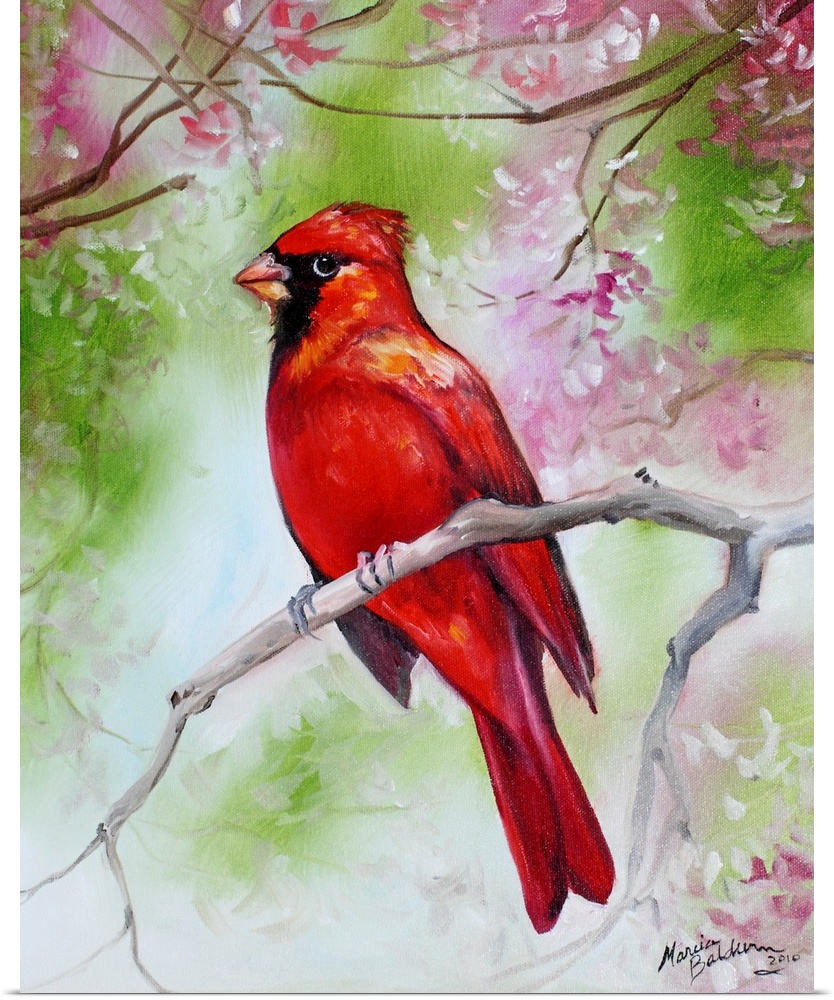 Contemporary painting of a male cardinal perched on a branch with green leaves and pink flowers in the background.