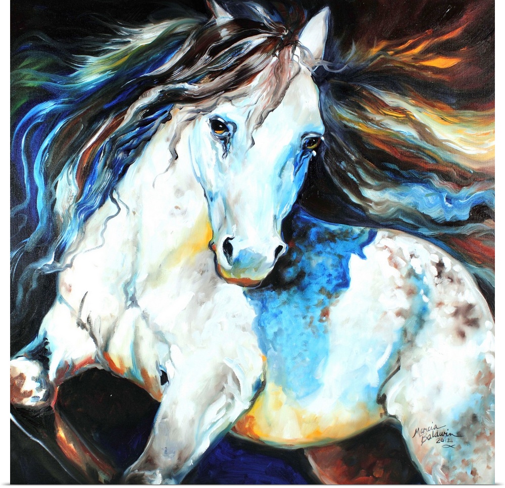 Square painting of an Appaloosa horse in action with a colorful mane.