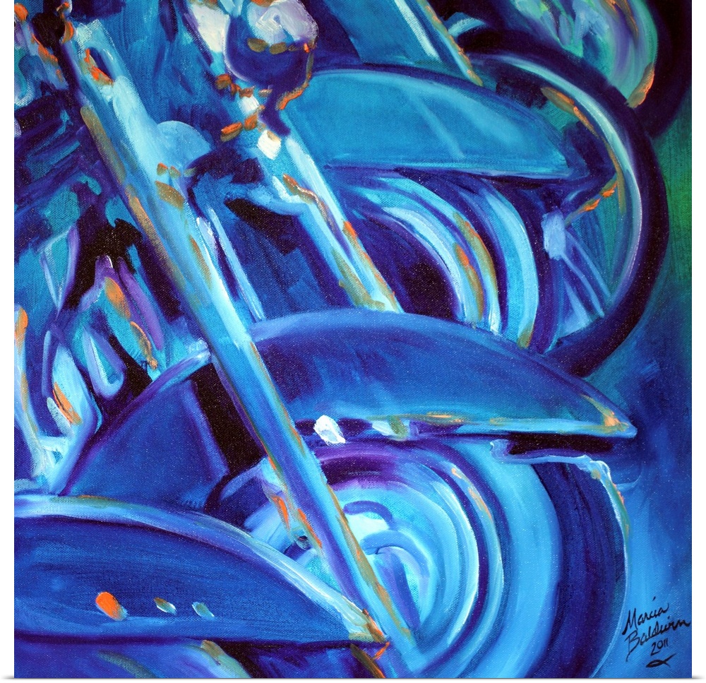 Square abstract painting in a monochromatic color scheme of motorcycles lined up in a row.