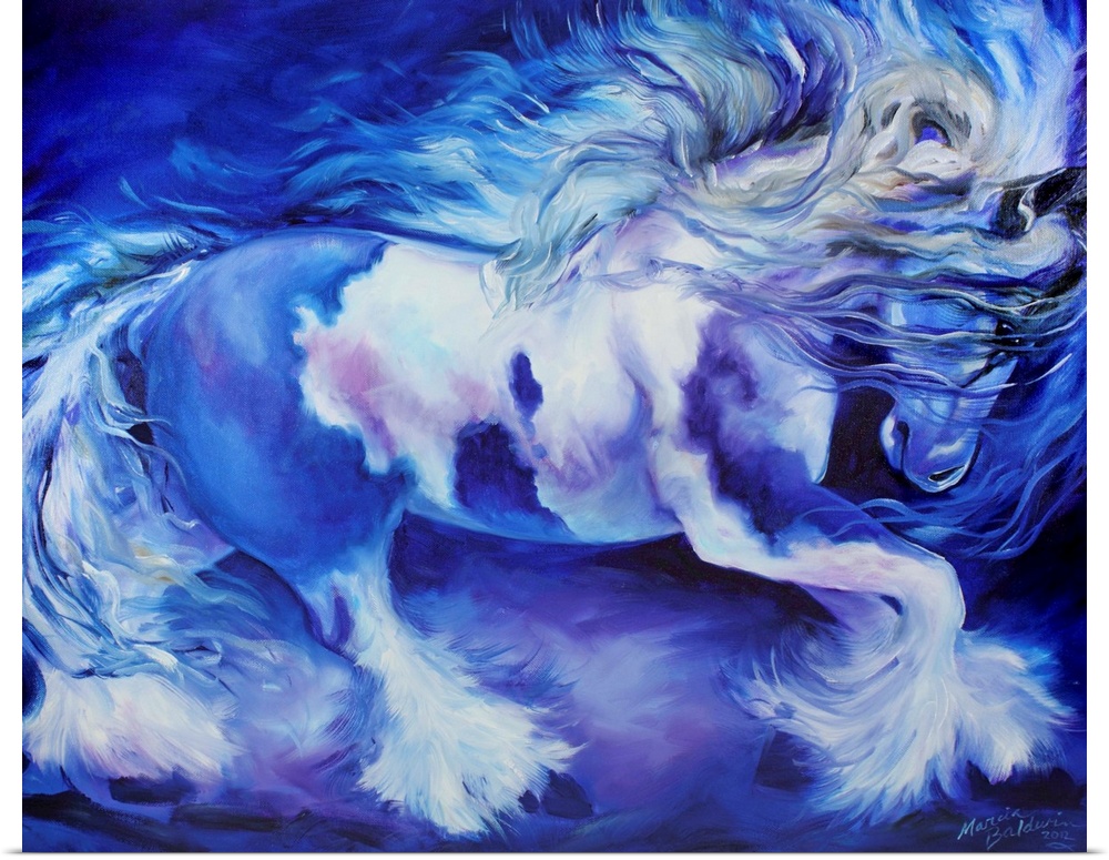 Contemporary painting of a horse in action in cool blue, purple, gray, and white hues.