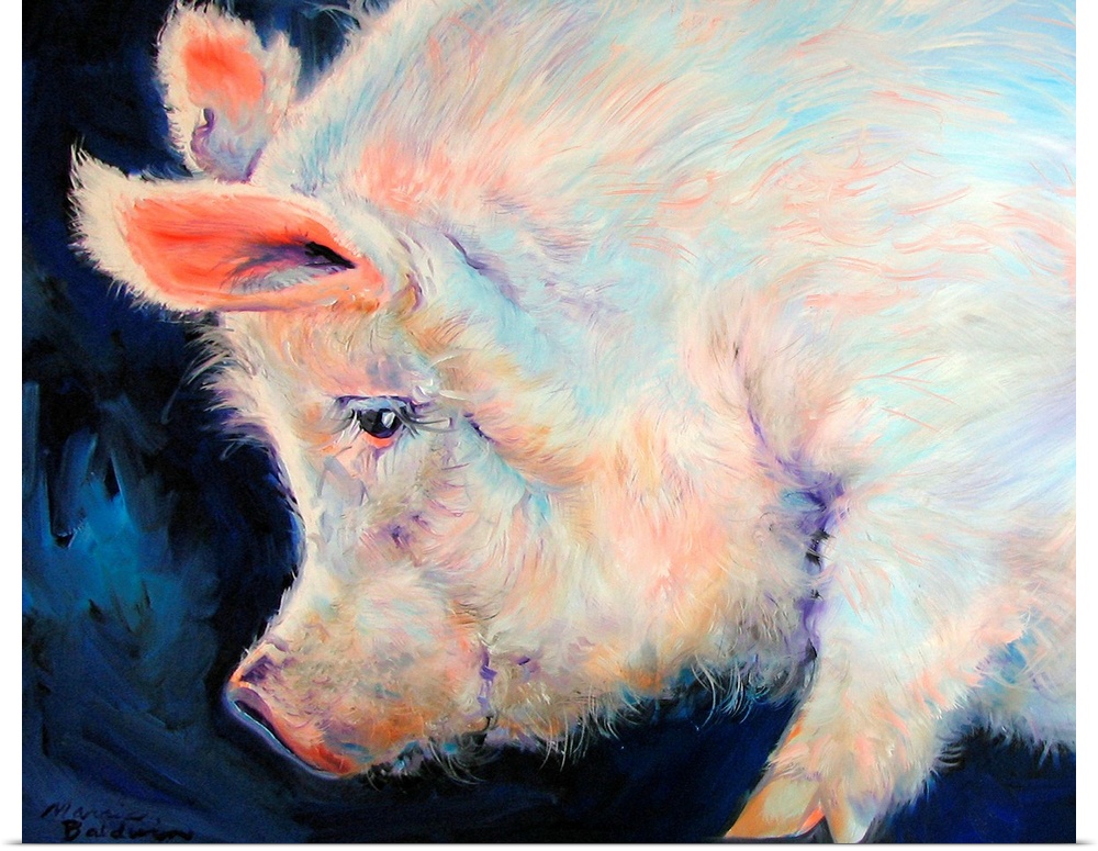 Contemporary painting of a large pink pig with small purple and blue brushstrokes of color on a dark blue and black backgr...