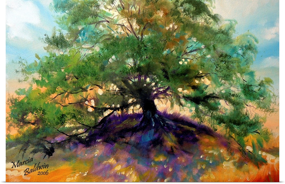 Contemporary painting of a large oak tree with green leaves casting purple and blue shadows on the grass underneath.