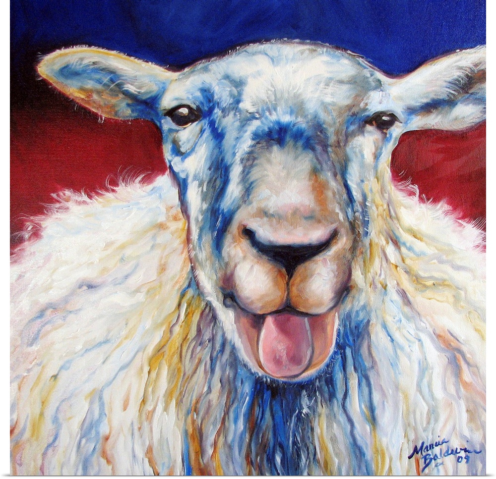 Square painting of a sheep with its mouth open and tongue sticking out and a red and blue background.