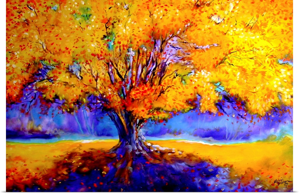 Painting of an old oak tree in Autumn colors and vibrant shadows.
