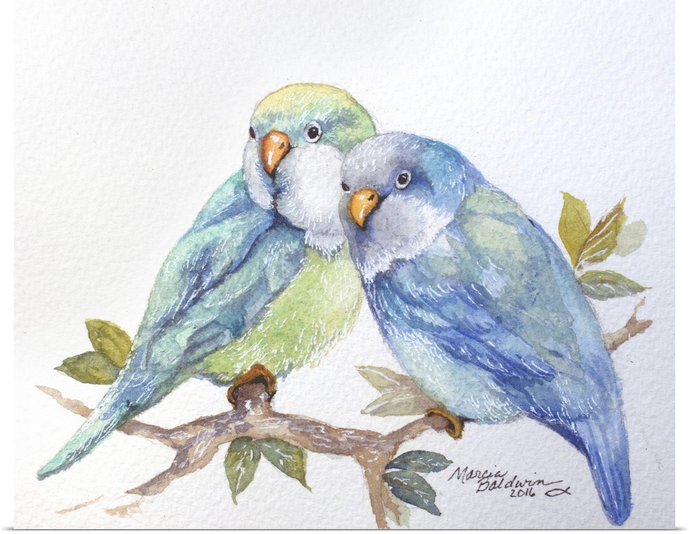 Watercolor painting of two blue and green toned parakeets perched on a branch with leaves on a white background.