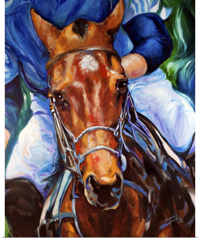 Contemporary painting of a polo horse in action with a rider in blue on its back.