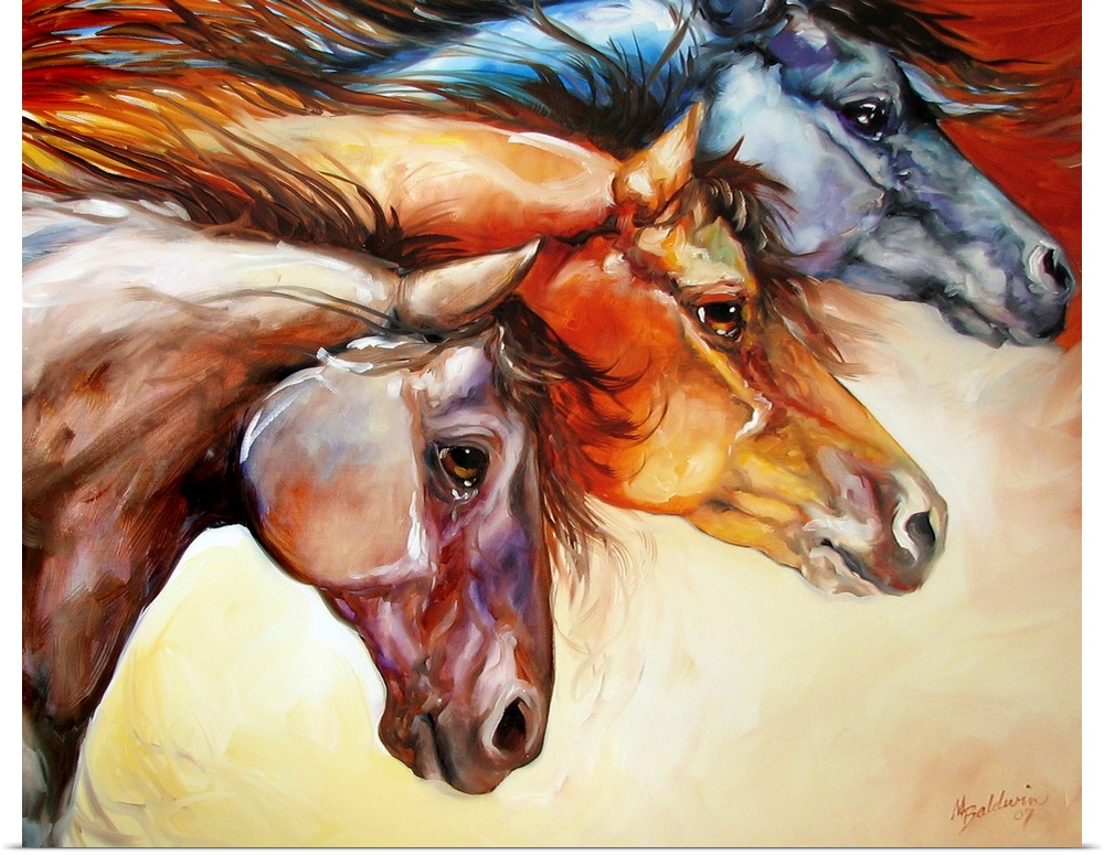Contemporary painting of three different colored horses moving together, displaying power and strength.