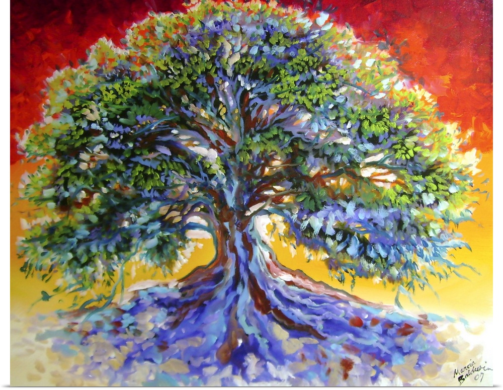 This old oak tree is captured on canvas with a crimson sky and bold colorful shadows cast from the rich branches of leaves.