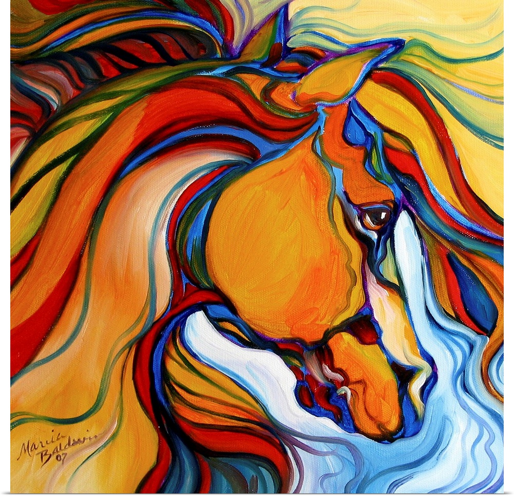 Square painting of an abstract horse with vibrant colors.
