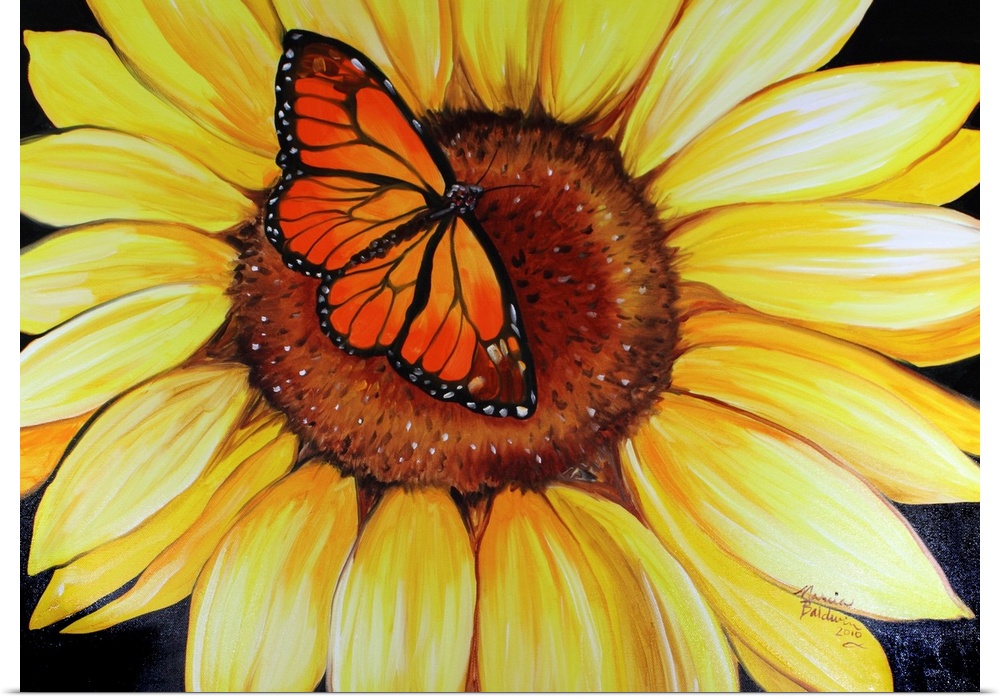 Contemporary painting of a sunflower with an orange butterfly in the center.