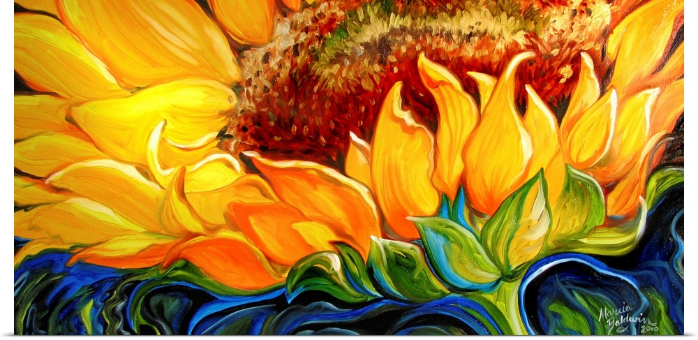 Wide painting of a sunflower close up with an abstract blue, black, and green background.