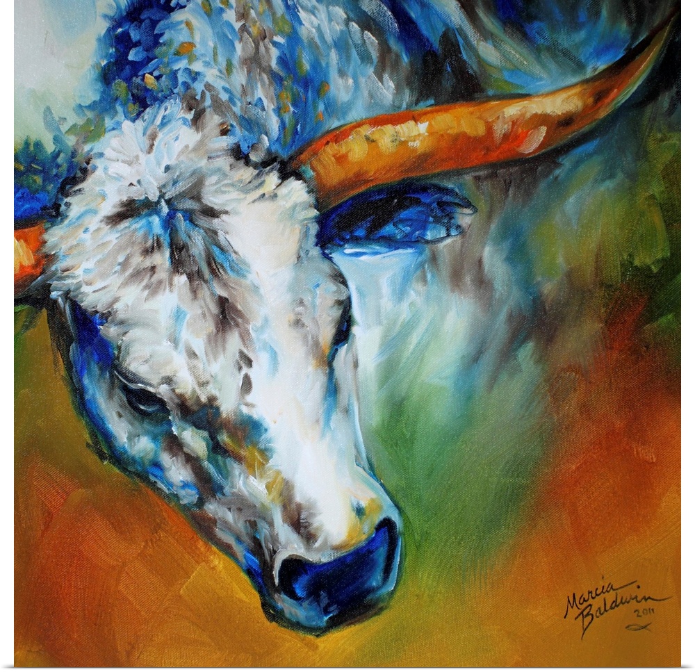 Square abstract painting depicting the magnificent Texas Longhorn.