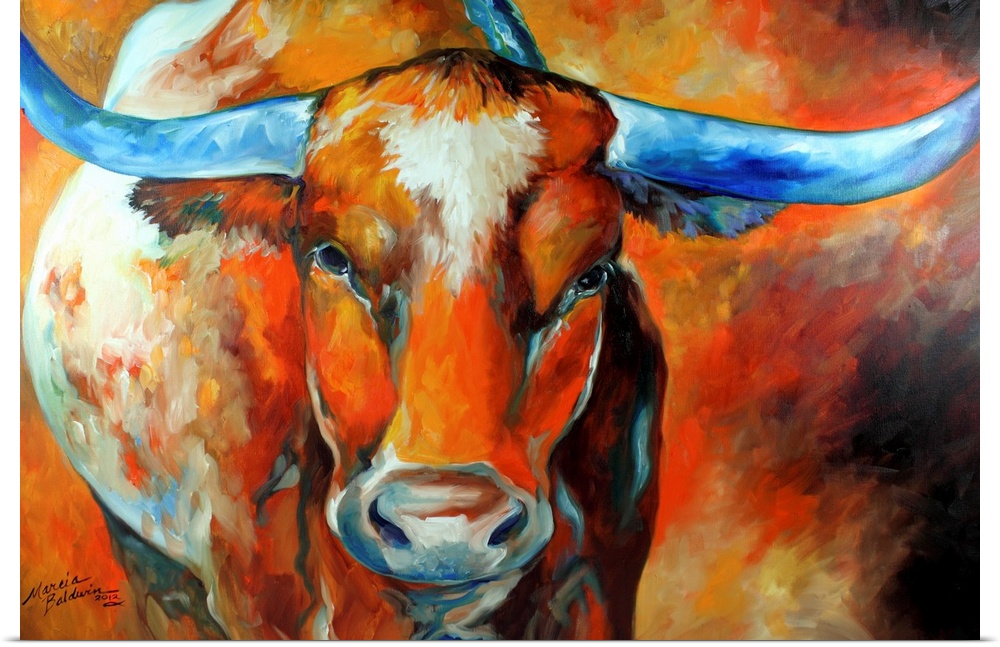 Contemporary painting of a  Texas Longhorn in warm tones with cool blue horns.