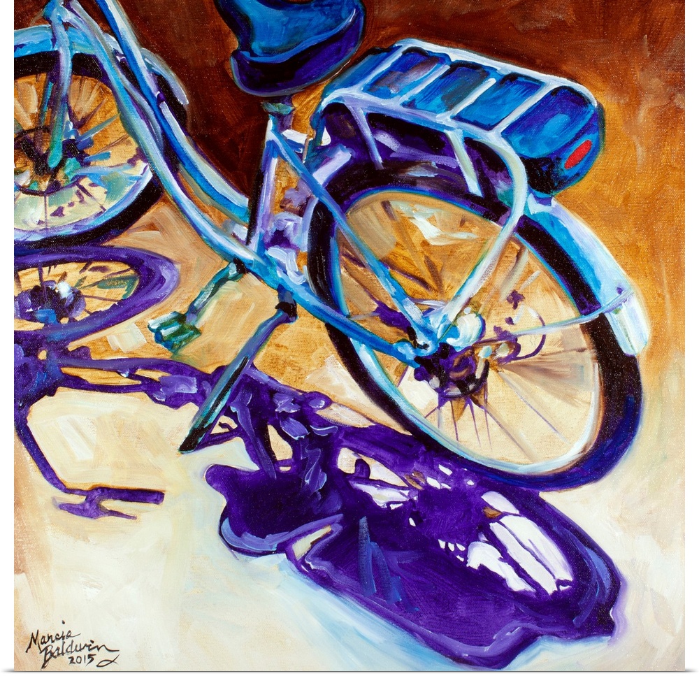 Contemporary painting of a bicycle in cool tones with a purple shadow on a brown and cream square background.