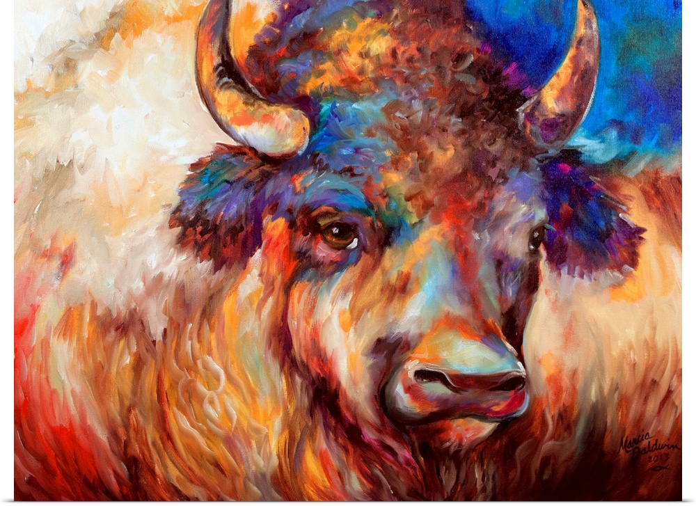 Abstract painting of a buffalo close up with brown, red, orange, yellow, blue, and purple hues.