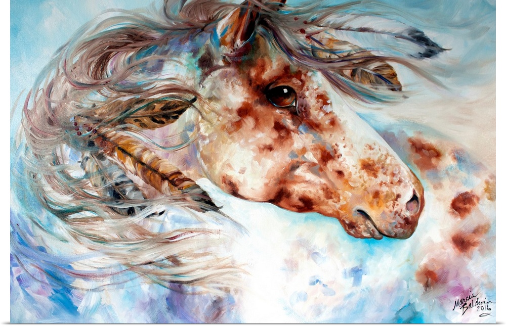 Contemporary painting of an Appaloosa Indian War horse with feathers in its mane on a pastel colored background.