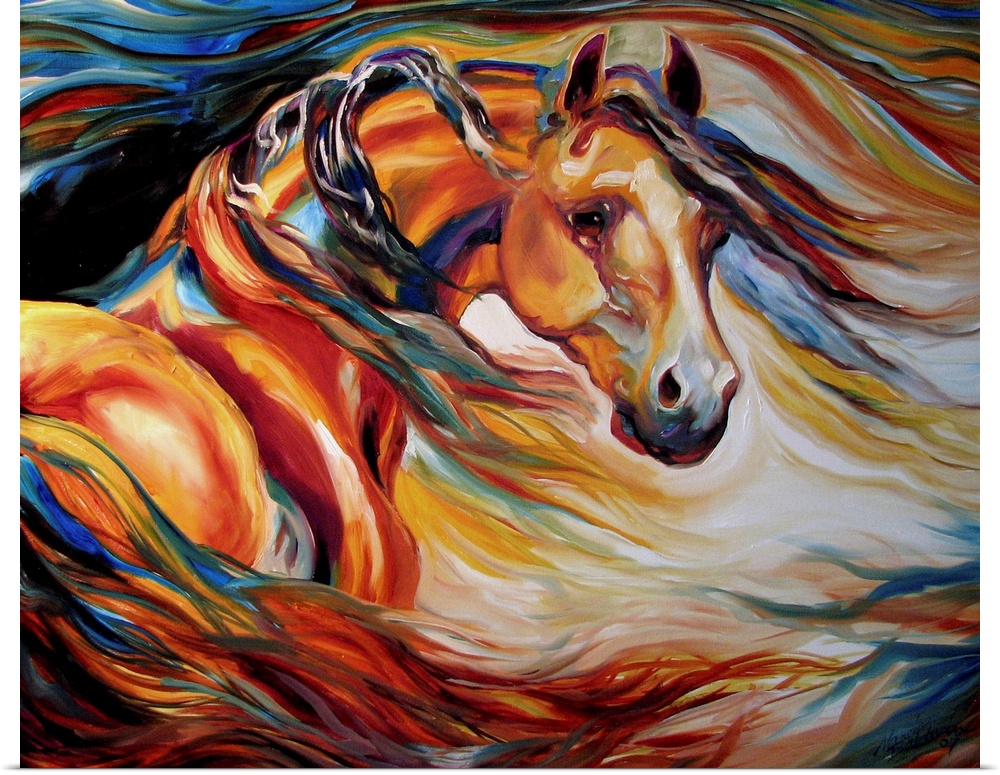 Abstract painting of a horse created with colorful, wavy brushstrokes.