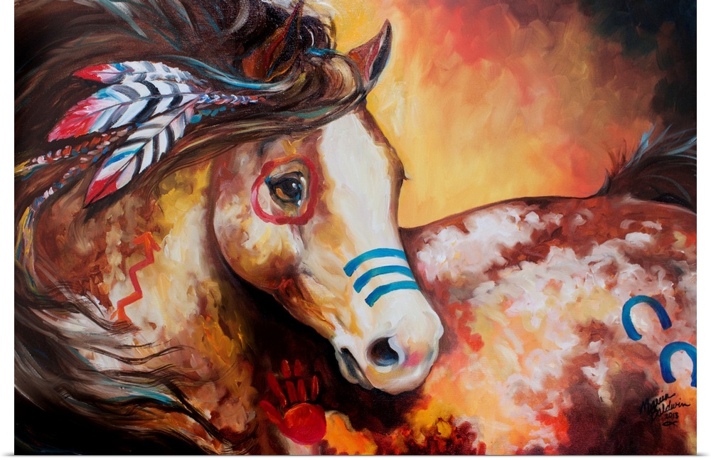 Contemporary painting of an Indian War Horse in warm tones with red and blue body paint and feathers in its mane.