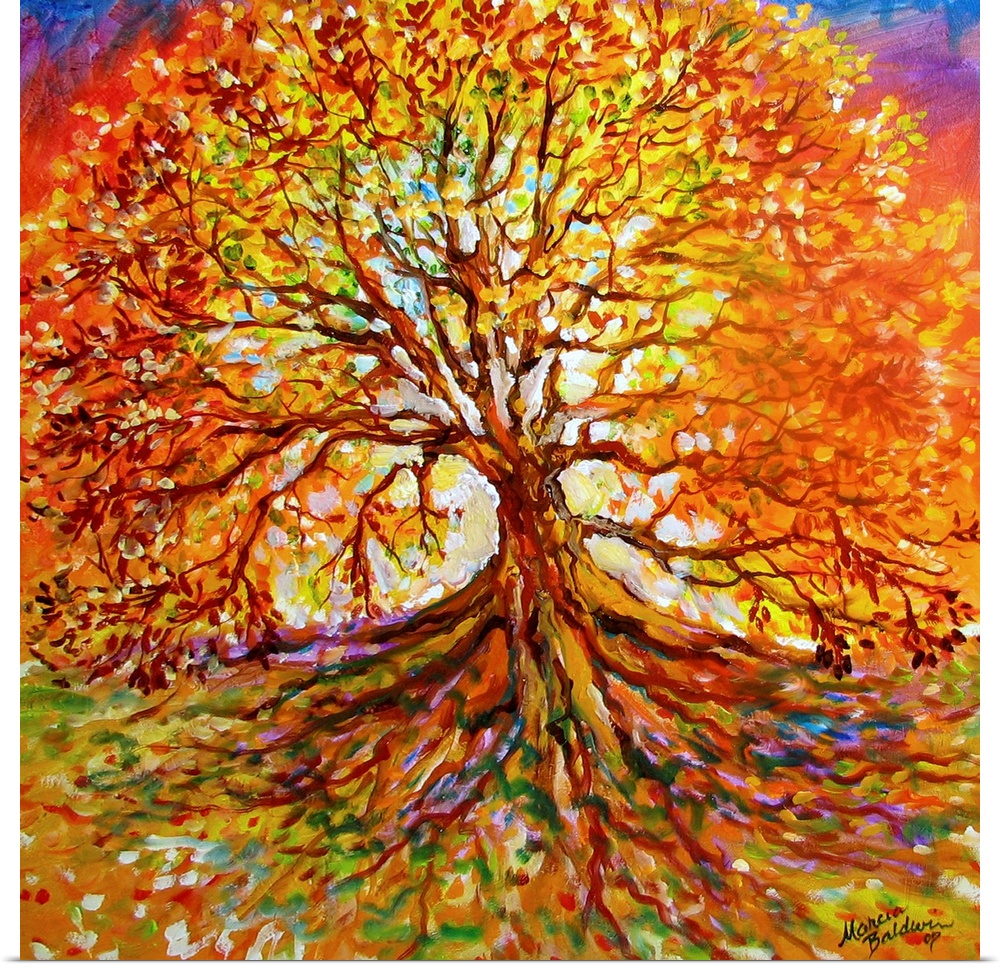 Warm painting of a large Autumn tree at sunset with visible roots stretching down to the bottom of the square canvas.