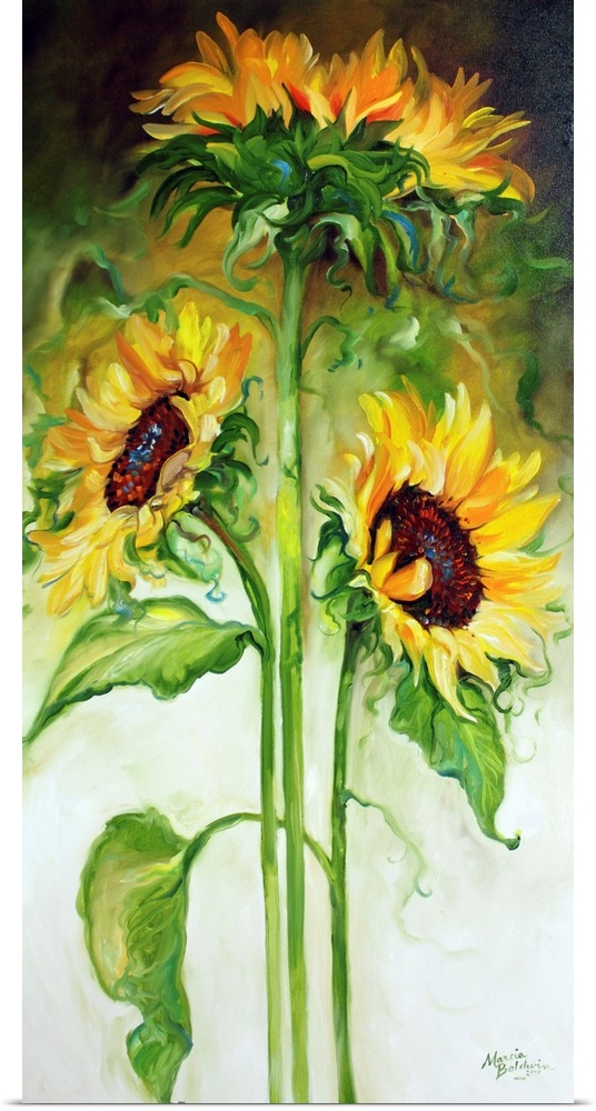 Panel painting with three long stemmed sunflowers on an abstract white, green, yellow, and black background.