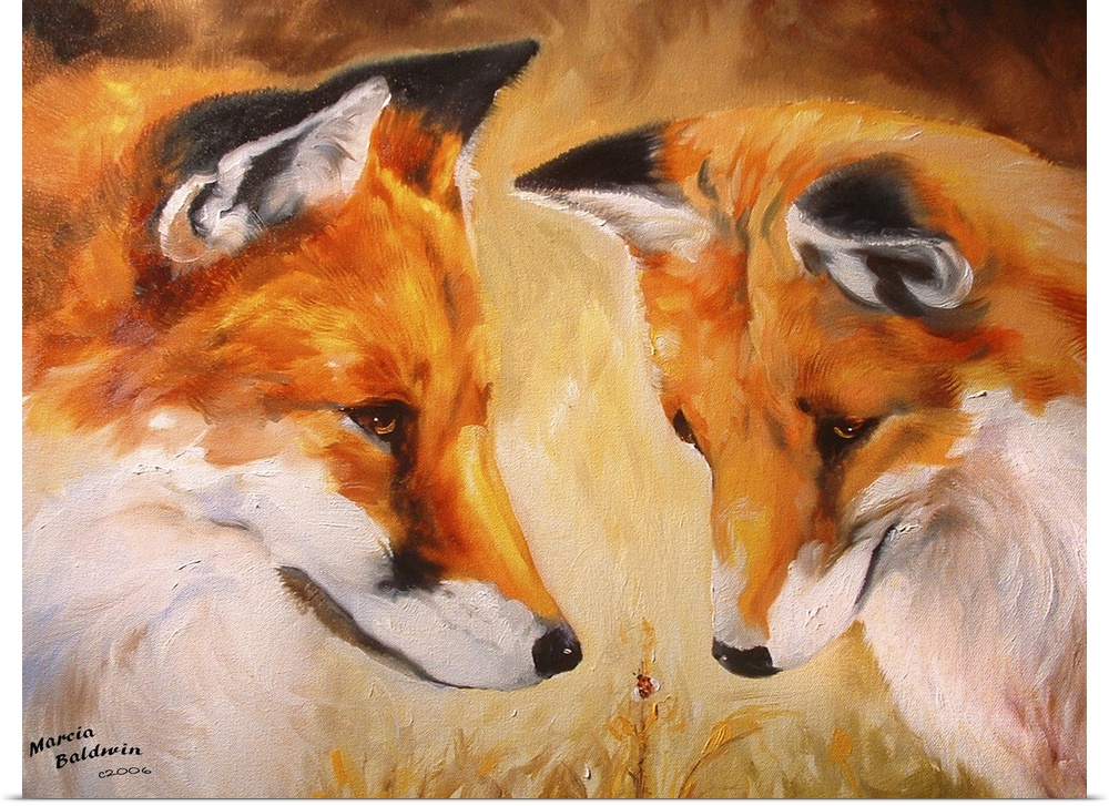 Contemporary painting of two foxes looking down at a tiny lady bug, created with warm hues.