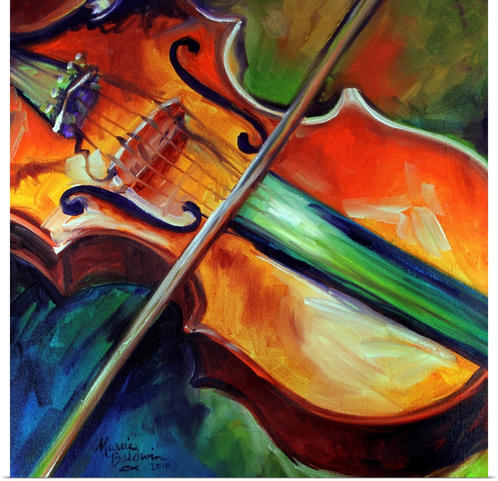 Square painting of a violin close-up with the bow resting across it on a blue and green background.