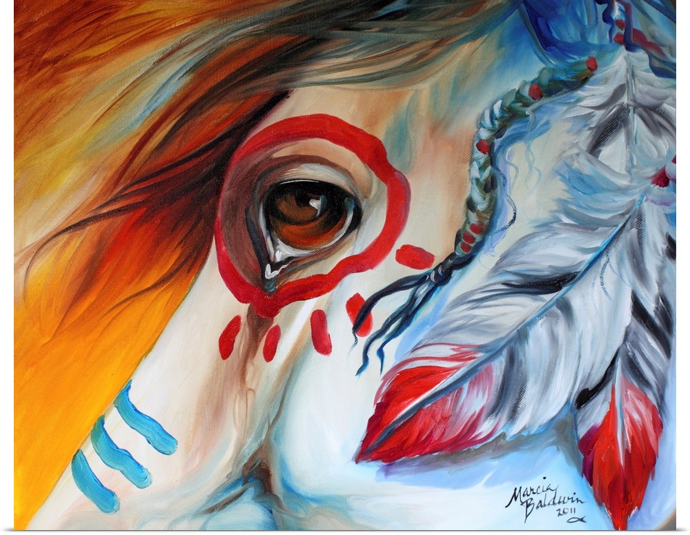 Contemporary painting of a horse close-up with Indian war paint and feathers and the emotions depicted in the eye of the h...