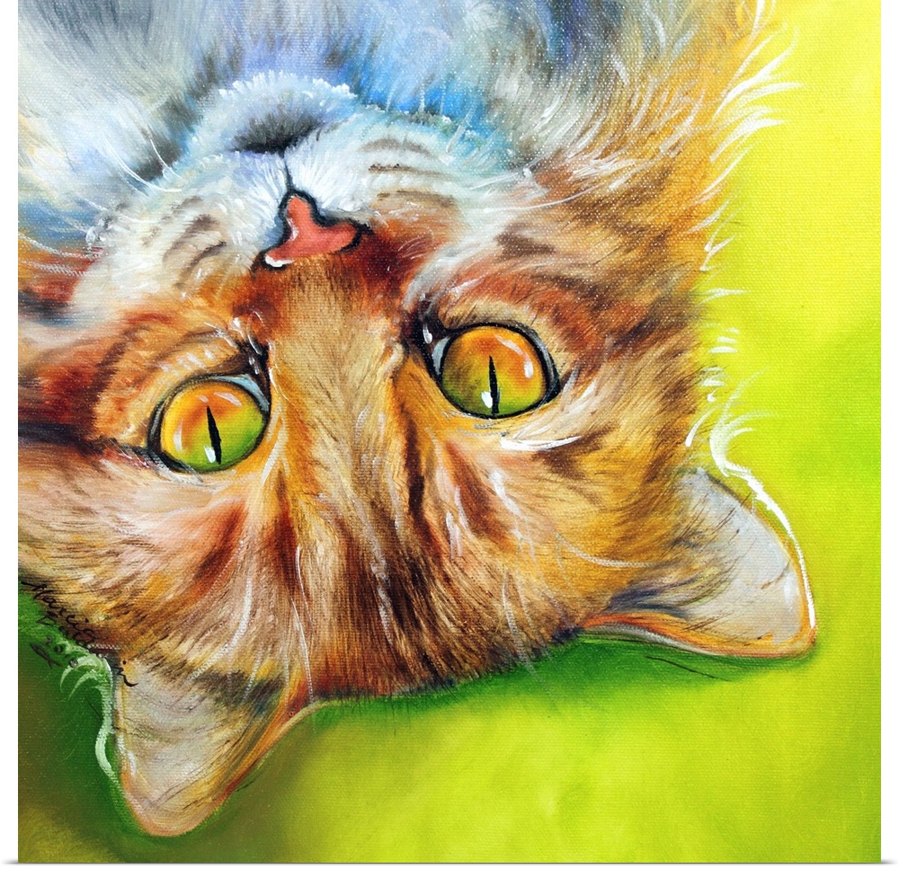 Square painting of an orange striped cat laying upside down on a bright green and yellow background.