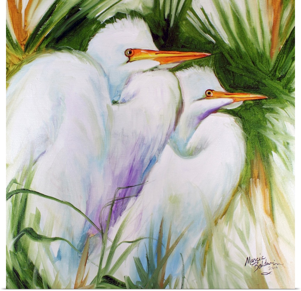 Contemporary painting of two white egrets with cool blue and purple shadows on their feathers on a square background with ...