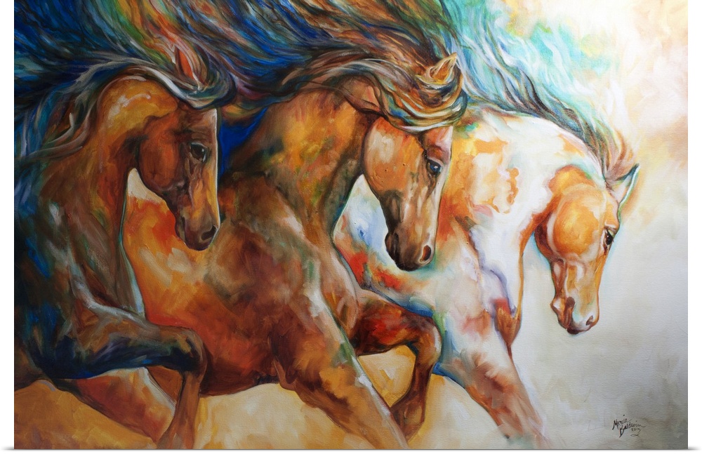 Contemporary painting of three horses galloping in action with their mane's flowing.