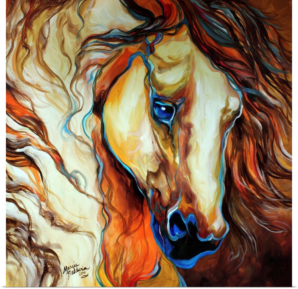Square painting of the Buckskin in warm hues with hints of cool blue throughout.
