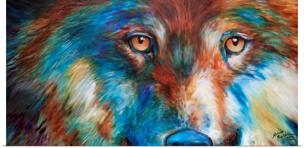 Colorful painting of a wolf's face up close in red, orange, yellow, blue, purple, and green hues.
