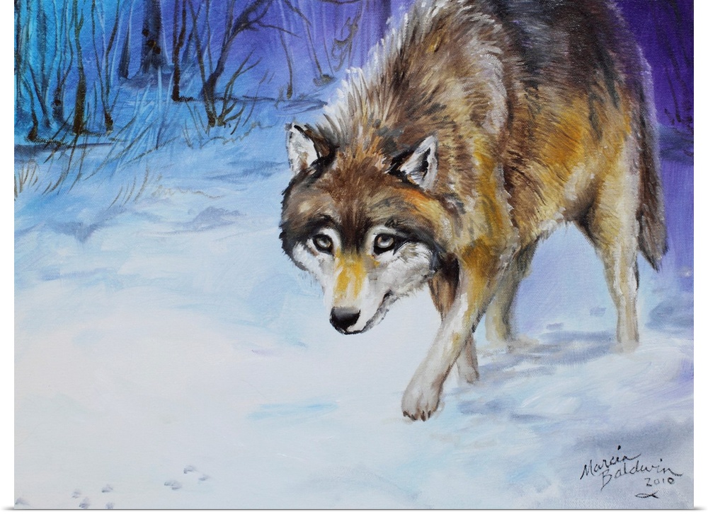 Contemporary painting of a lone wolf in snow scene, tracking his prey in cool tones.