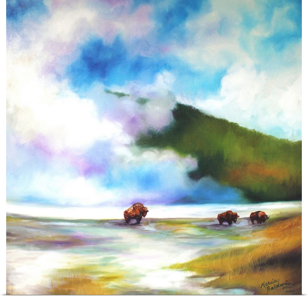 Contemporary painting of three buffalo roaming in Yellowstone National Park with heavy fog in the background.
