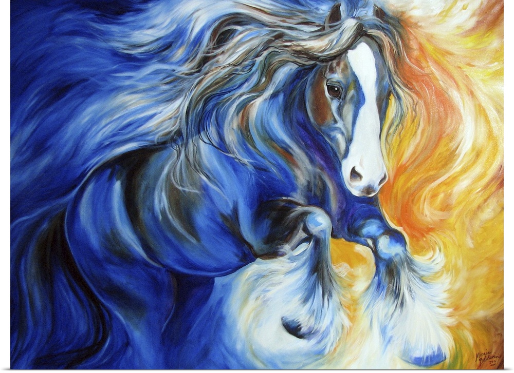 Contemporary painting of a blue, white, and brown horse in action with a yellow, orange, and red swirly background on the ...