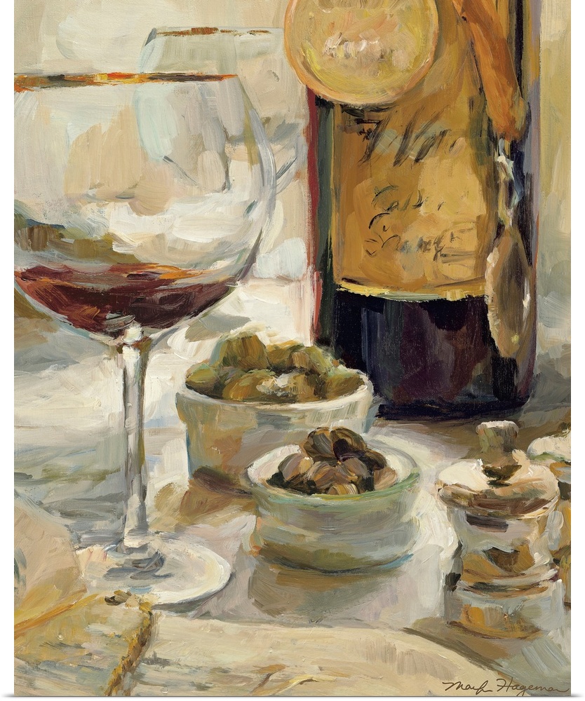 Painting depicting a nearly empty glass of wine and a wine bottle with award medals hanging around the bottle with another...