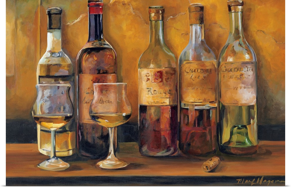 This horizontal still life painting shows five uncorked white wines waiting to be sampled.