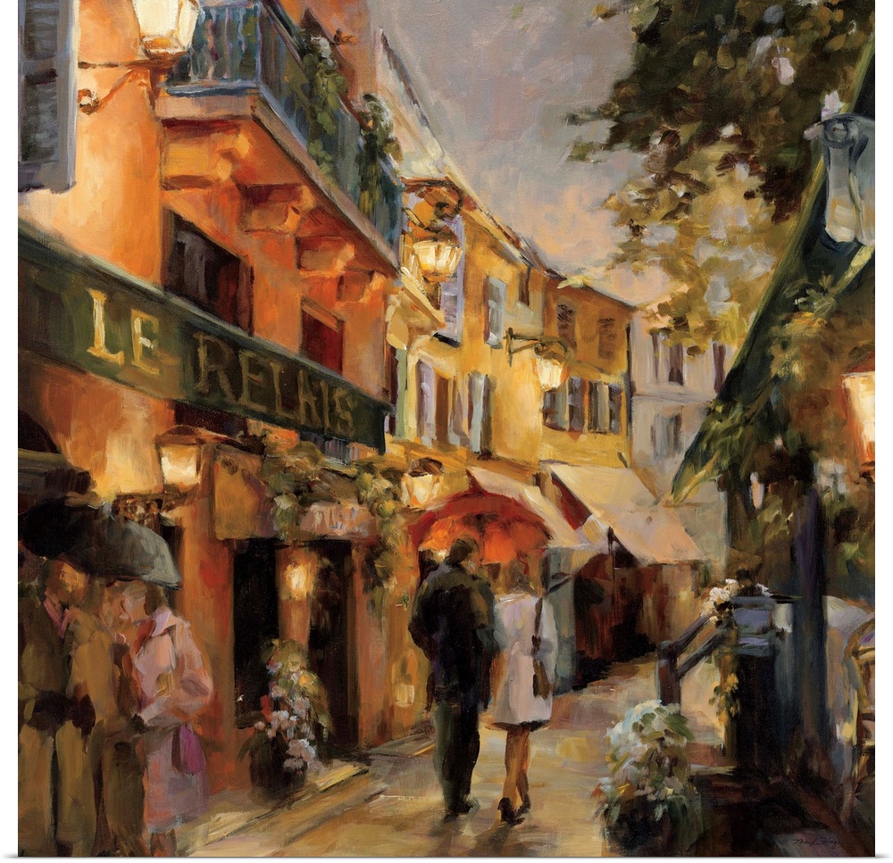 Contemporary painting of a street scene with a couple walking.