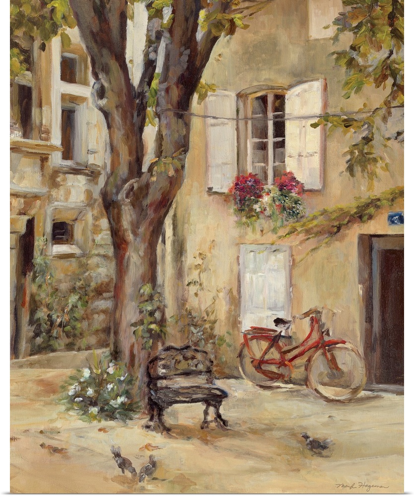 Painting of building courtyard with huge tree growing in center.  The building is covered with window with shutters and fl...