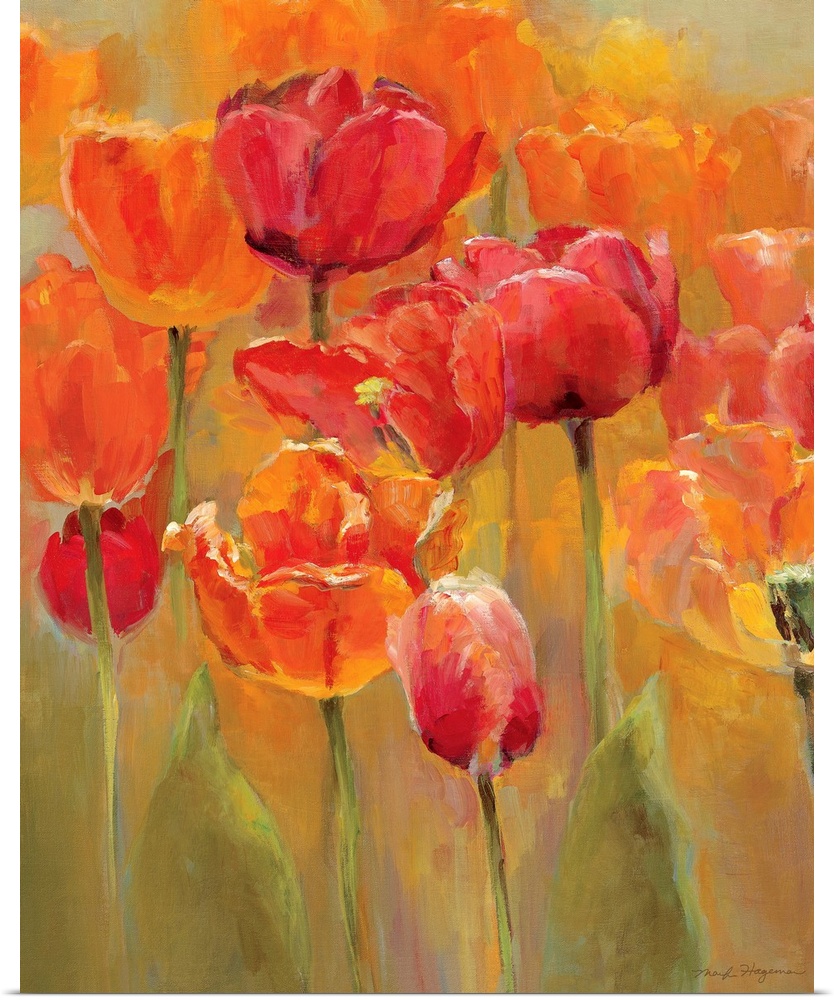 Luminous painting of blooming flowers, light reflecting off the edge of their petals.