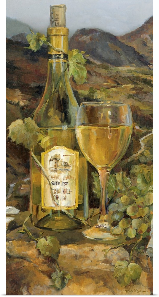 Contemporary docor painting of a glass of white wine next to a bottle decorated with grapes and a grapevine.