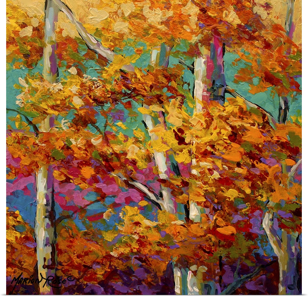 Contemporary abstract painting of forest with trees covered in bright colorful fall foliage with visible brush strokes.