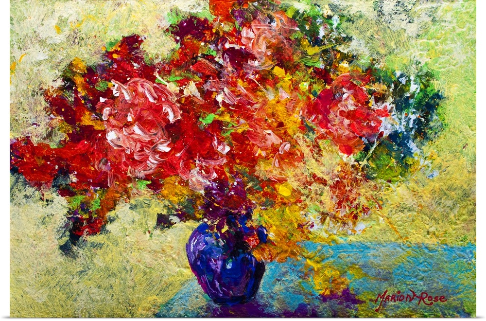 Textured painting of flower filled vase on table.