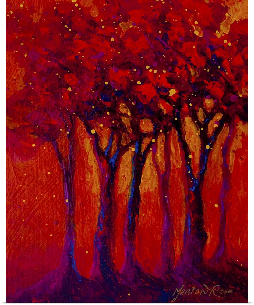 Contemporary abstract painting of tree silhouettes with brightly covered dots and circles.