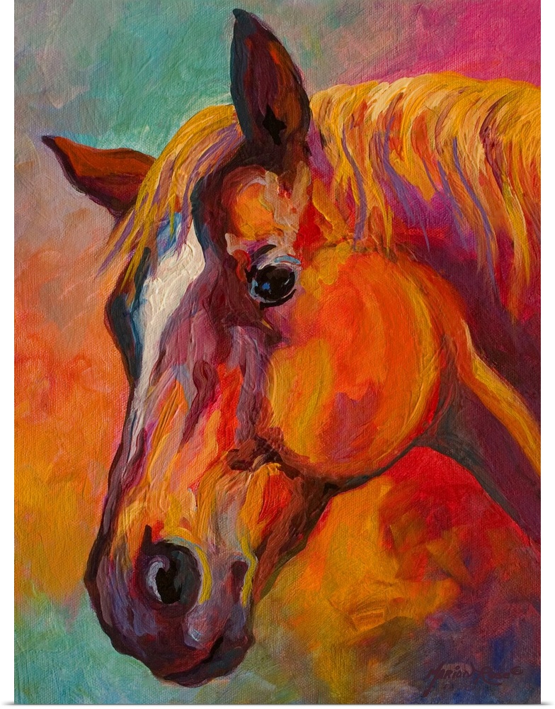 Large, portrait painting of the profile of a horses face.  Painted using thick, heavy brushstrokes and vibrant, warm color...