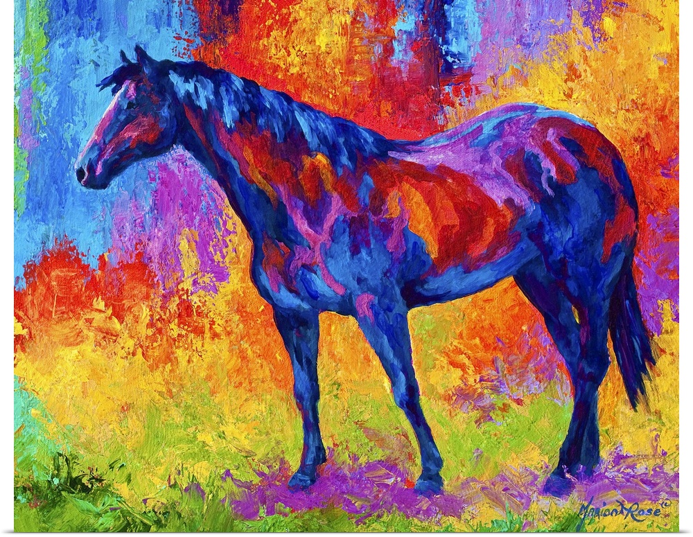 Abstract painting on canvas of a horse made up of various bright colors.