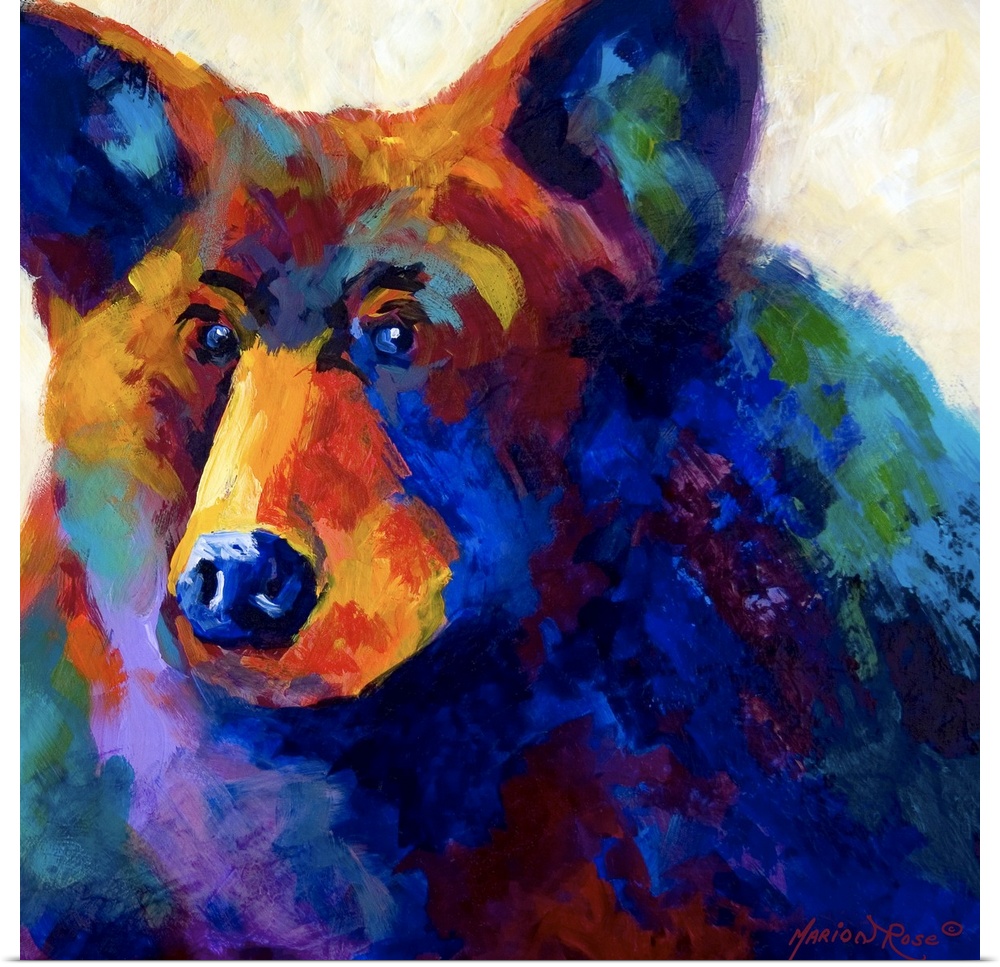Square abstract painting of a bear with short brush textures over it.