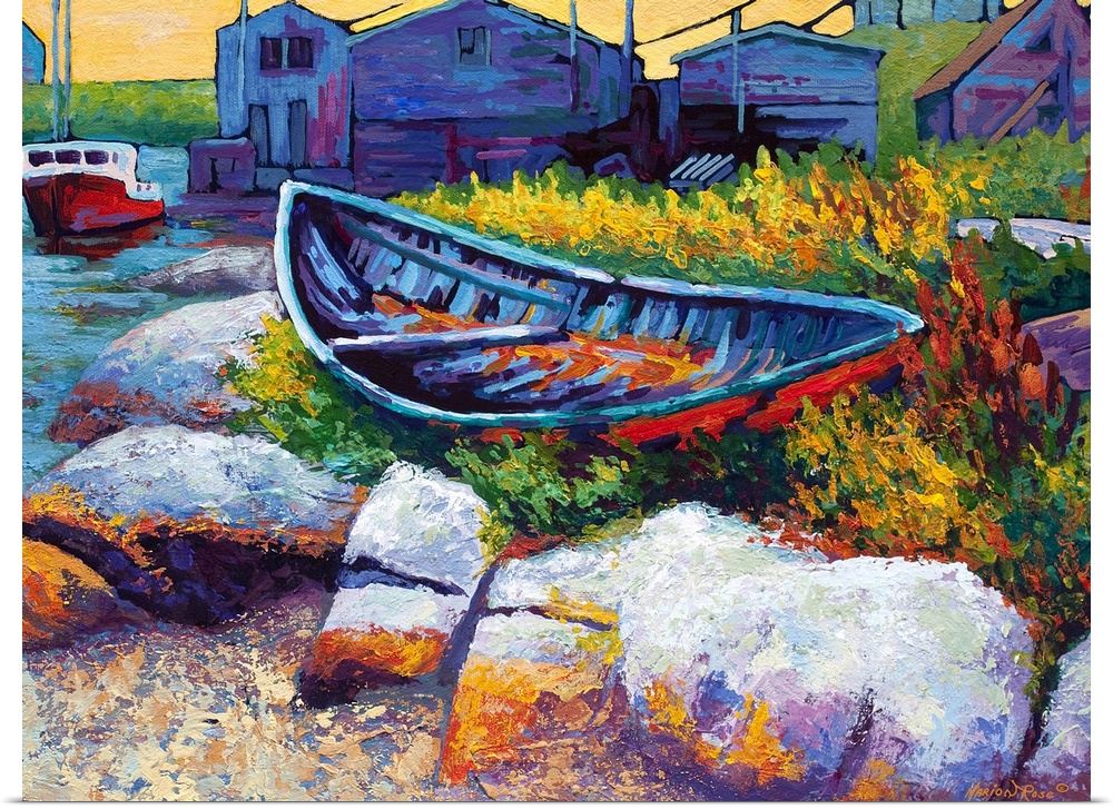 Colorful contemporary painting of a row boat sitting in a patch of grass on a pile of rocks with buildings in the distance...