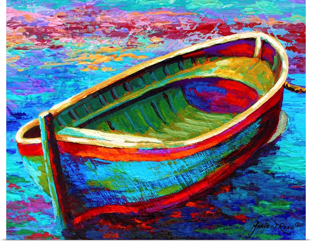 Big canvas painting of a boat floating in water represented by a lot of different colors.