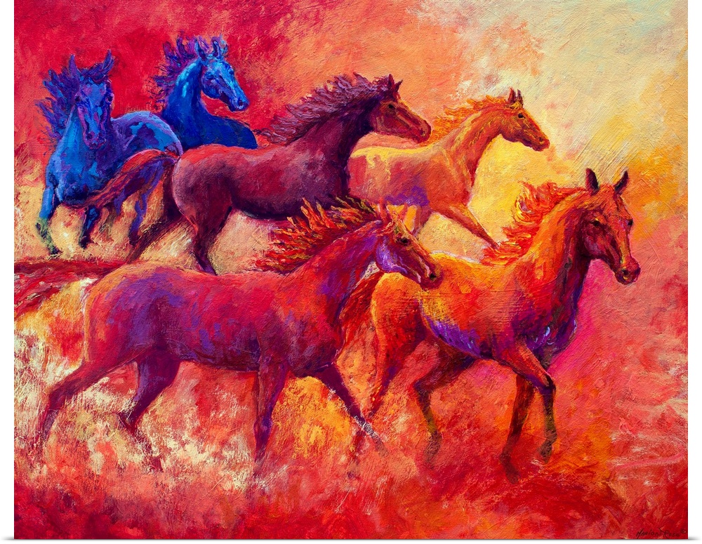 Landscape, large contemporary painting of a group of six horses running together in the same direction.  Painted with shor...